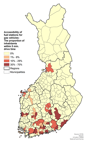 The accessibility of fuel stations for gas vehicles measured as the share of population living within a five-minute drive in each municipality